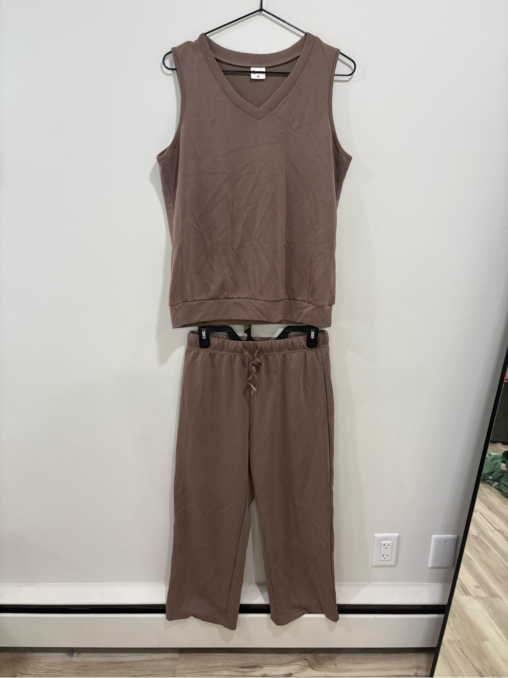 Sleeveless V-Neck Knit Top & Drawstring Waist Pants Set - Brown